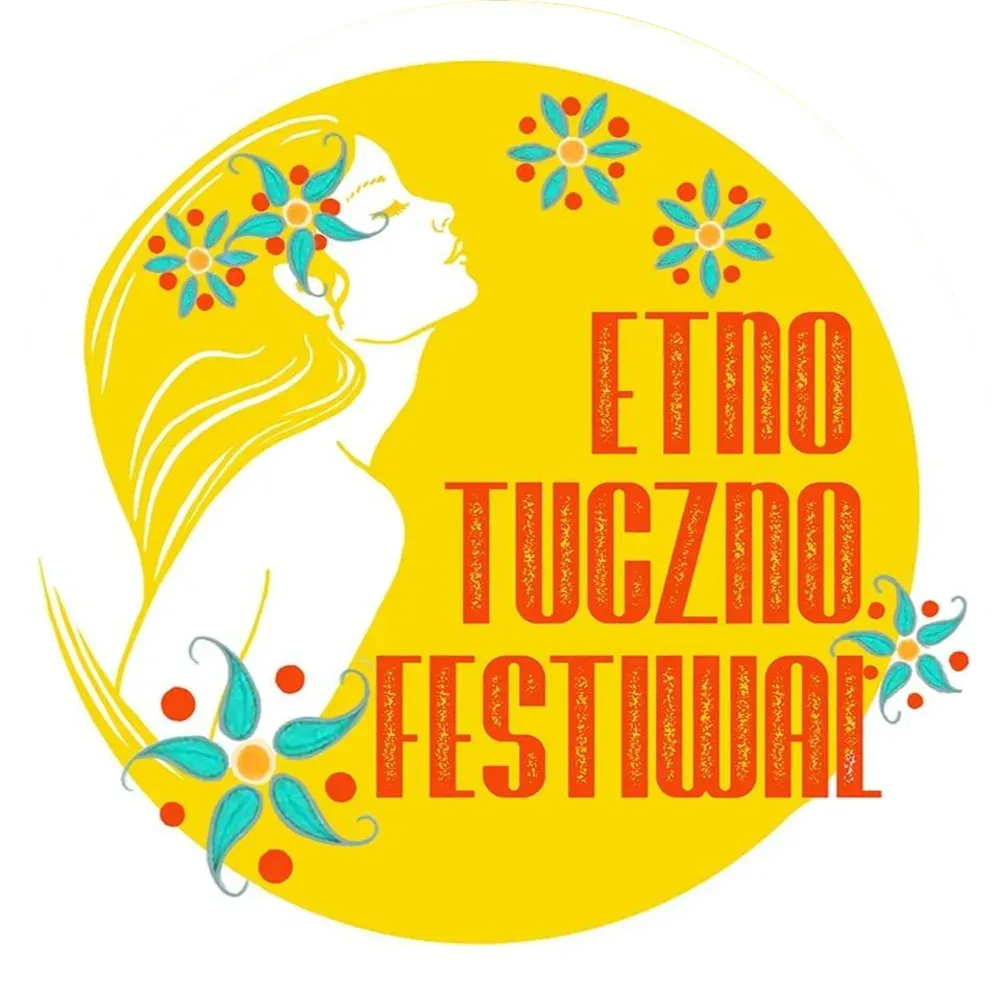 Logo Etno Tuczno Festiwal: kobieta z kwiatami we włosach na tle słonecznego koła